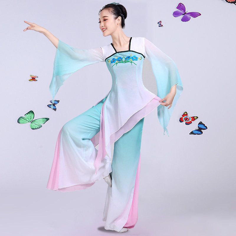 Yangko costume performance costume 2018 autumn new female adult transitional color chiffon elegant classical dance umbrella dance fan dance costume