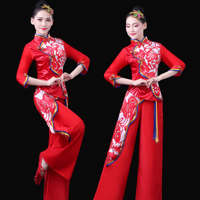 The Rice Seedlings song Costume Plays Out of the Elderly 2021 New Year's Eve Festive Chinese Wind Cut Paper Fan Dance Express Board Waist Drum uniforms