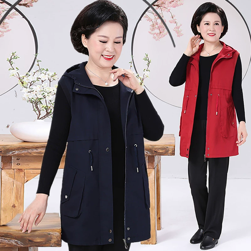 Mùa xuân và mùa thu mỏng phần trung niên và người cao tuổi phụ nữ trùm đầu áo ghi lê vest vest mẹ đầm áo dài cotton trung áo vest nữ - Áo vest