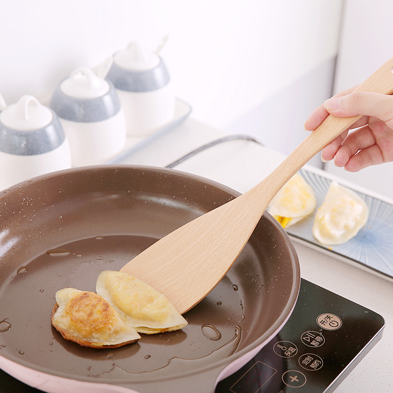 Japanese natural no lacquered beech wood pan shovel not covered with pan special shovel cutlery long handle fried vegetable shovel wood shovel rice spoon suit