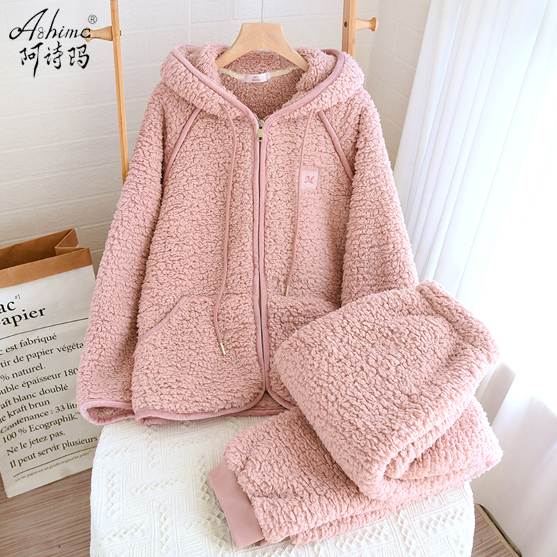 Lamb Wool Pajamas for Women, Autumn and Winter Coral Fleece Hooded Thickened Couple's Sporty Style Men's Loungewear Set
