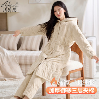 三层夹棉加厚绒睡衣长款睡袍女款2025新款冬季连帽棉袄家居服秋冬
