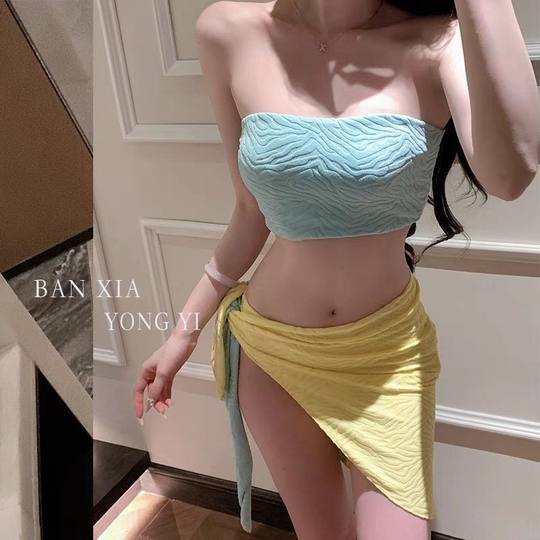 2025新款多巴胺马卡龙色纯欲风比基尼分体泳衣女裙式套温泉度假