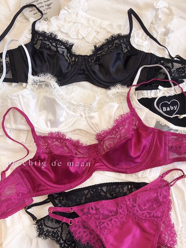 Sexy Hot Girl French Lace Satin Comfortable Thin Underwear with Soft Underwire to Prevent Sagging and Make Large Breasts Appear Smaller Set