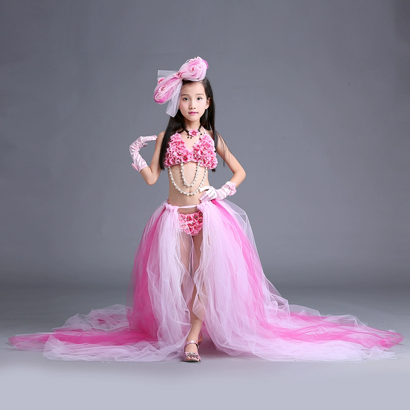 New Girls T-model catwalk showtail đồ bơi thi trẻ em chia đôi trang phục trình diễn bikini