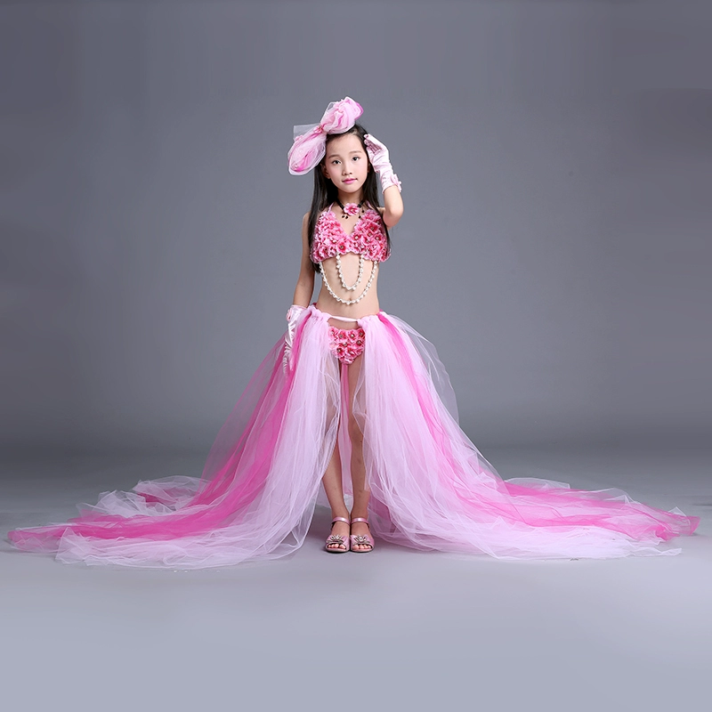 New Girls T-model catwalk showtail đồ bơi thi trẻ em chia đôi trang phục trình diễn bikini