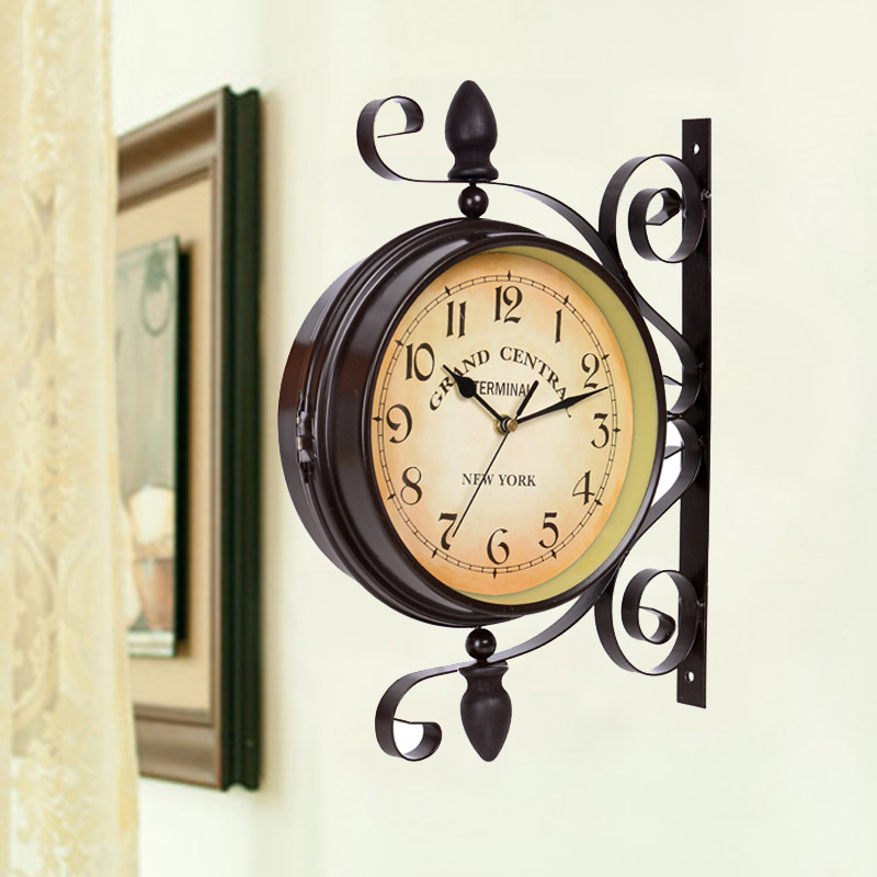 European-style wrought iron double-sided wall clock hanging clock creative pastoral hanging table modern living room wall clock bedroom clock mute large