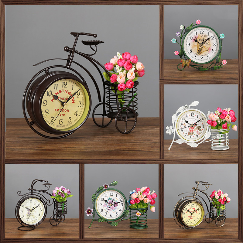 European silent clock bedroom living room clock ornaments pastoral iron small clock table clock clock clock