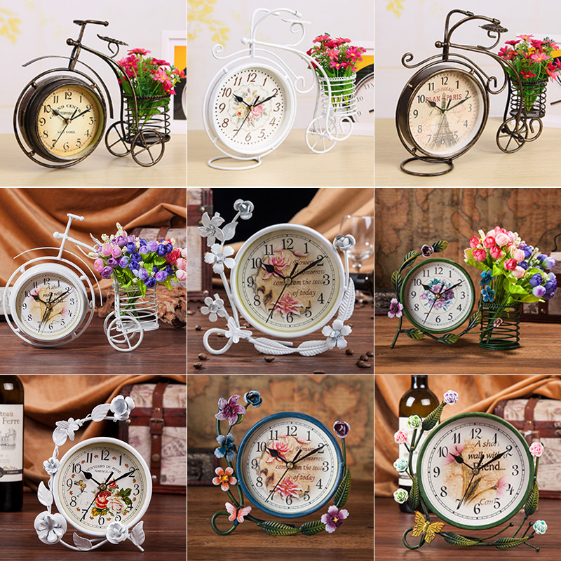 European creative retro bicycle clock, iron table clock, silent double-sided clock, pastoral living room decoration