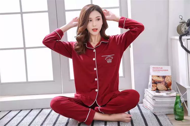 Bộ đồ ngủ đôi dài tay nữ mùa xuân và mùa thu mùa đông màu đỏ đám cưới Bộ đồ ngủ nam bằng vải cotton cho nam