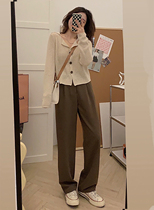 Brown suit pants 2021 new autumn Joker high waist slim Korean trousers loose straight tube pants