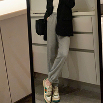 Korean gray pants women 2021 New slim simple Joker loose straight lace lace-up casual sports pants