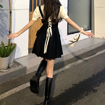 Design sense dress female 2021 new waist slim strap fake two pleated skirt fried street black skirt