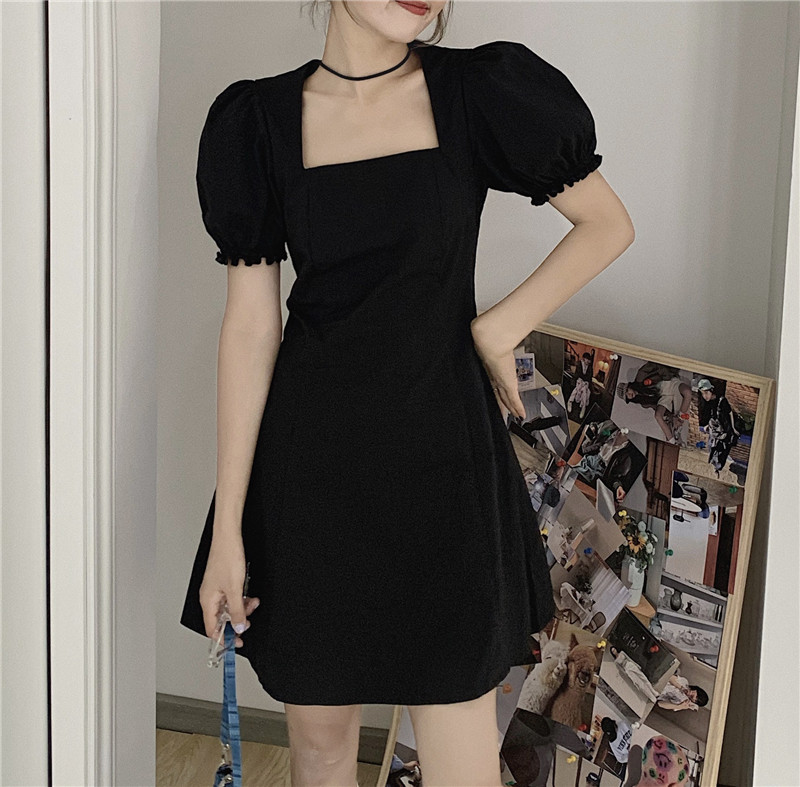 French puff sleeves black square neck dress women's summer 2022 new high waist a-line little black dress short skirt