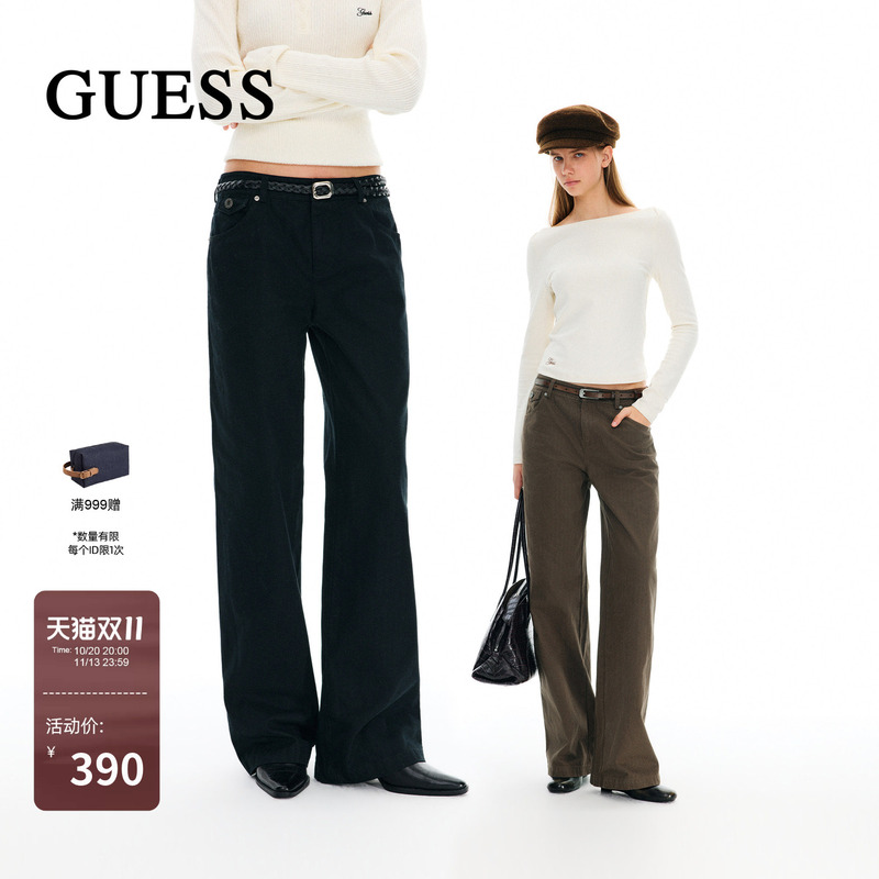 Guess Pure Cotton Low-Waist Casual Pants 2026 Winter Women's Classic Retro Denim Structured Woven Straight-Leg Pants