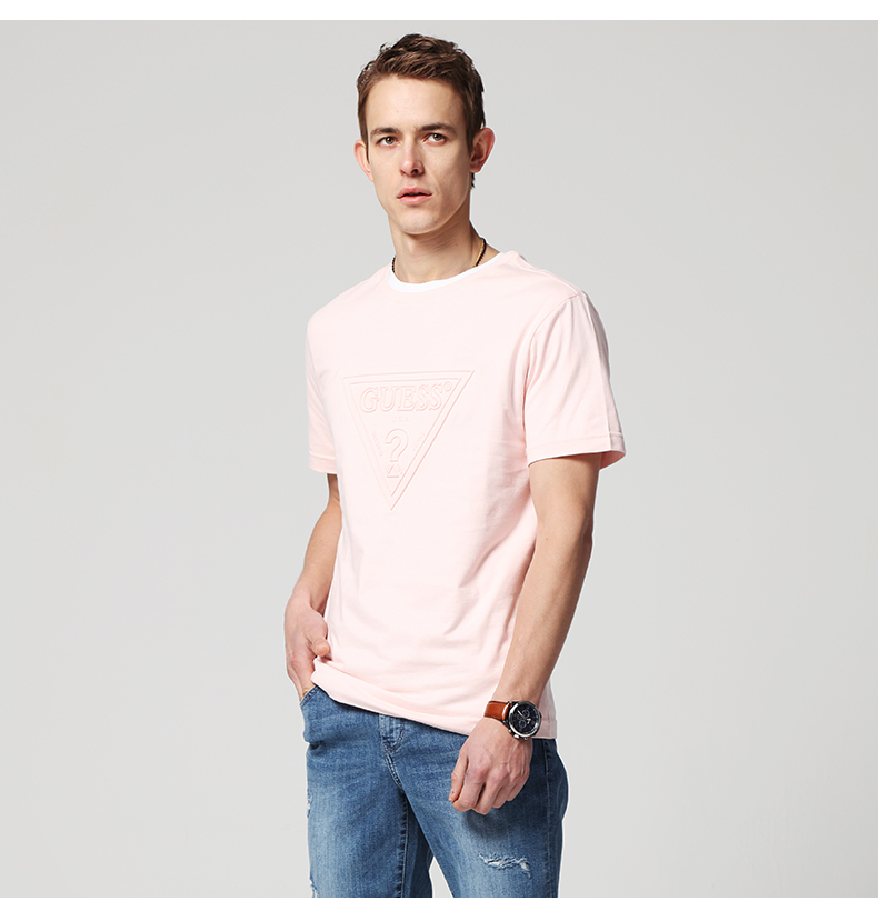 GUESS vài mô hình 2018 mùa xuân và mùa hè nam inverted triangle LOGO màu rắn vòng cổ ngắn tay T-Shirt-MI2K9409K quần thể thao nam