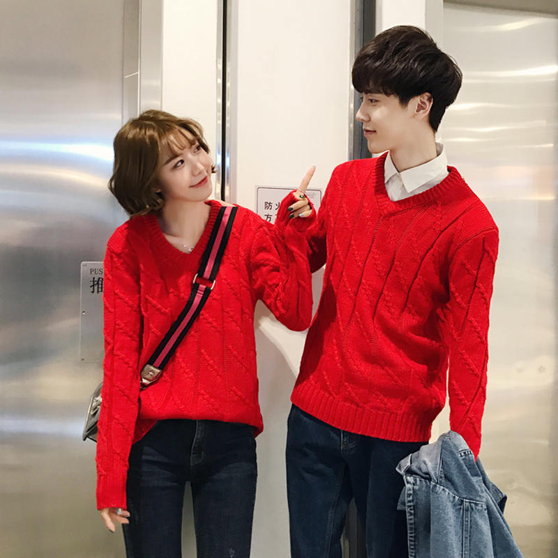 Winter Knitwear Couple's Set, Cable-Knit V-Neck Sweater, Unisex Warm Base Layer Sweater in Bright Red
