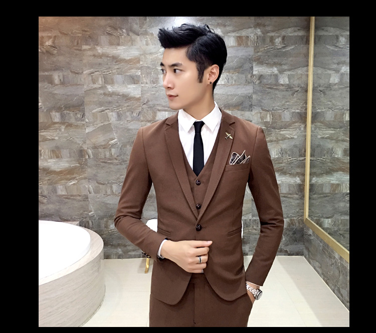 Phù hợp với nam phù hợp với màu nâu đơn giản thời trang rắn màu kinh doanh phù hợp với quần tây quần ba mảnh áo khoác - Suit phù hợp áo vest nam hàn quốc