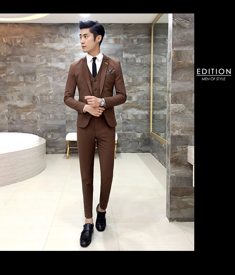 Phù hợp với nam phù hợp với màu nâu đơn giản thời trang rắn màu kinh doanh phù hợp với quần tây quần ba mảnh áo khoác - Suit phù hợp áo vest nam hàn quốc