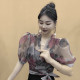 ເສື້ອຍືດແຂນສັ້ນ georgette ຊັ້ນສູງແບບຮົງກົງແຂນສັ້ນ puff sleeve ພິມສາຍຂ້າງເພື່ອຮັດແອວແລະເສື້ອສັ້ນ elegant