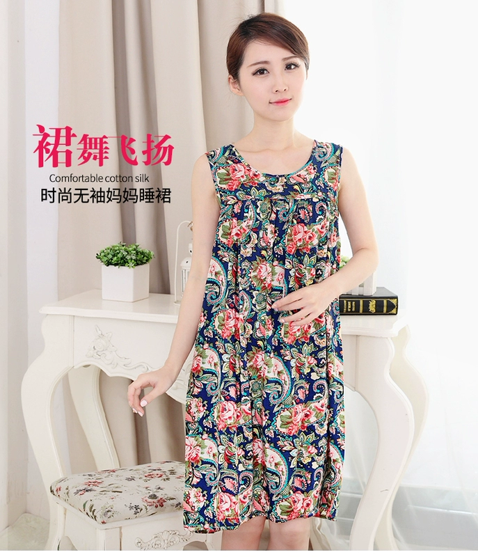 Mùa hè trung niên đồ ngủ phụ nữ cotton lụa mẹ nightdress mùa hè trung niên mỏng kích thước lớn nhân tạo cotton dress