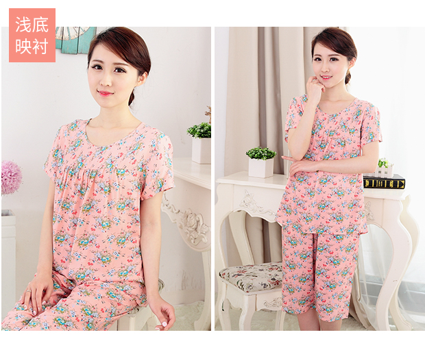 Mùa hè trung niên đồ ngủ của phụ nữ cotton lụa mẹ mỏng phần ngắn tay trung niên nhà quần áo cotton nhân tạo phù hợp với hai mảnh bộ đồ ngủ