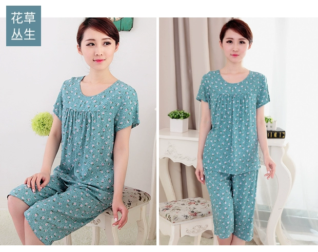 Mùa hè trung niên đồ ngủ của phụ nữ cotton lụa mẹ mỏng phần ngắn tay trung niên nhà quần áo cotton nhân tạo phù hợp với hai mảnh