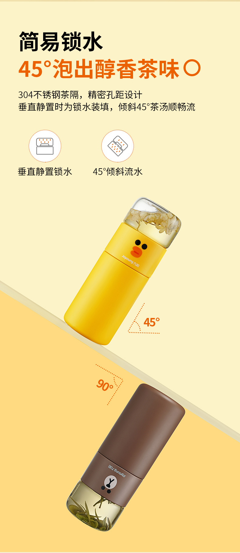 【中国直邮】Joyoung九阳 茶水分离双层泡茶杯 LINE FRIENDS联名款  呆萌布朗熊 不锈钢保温款