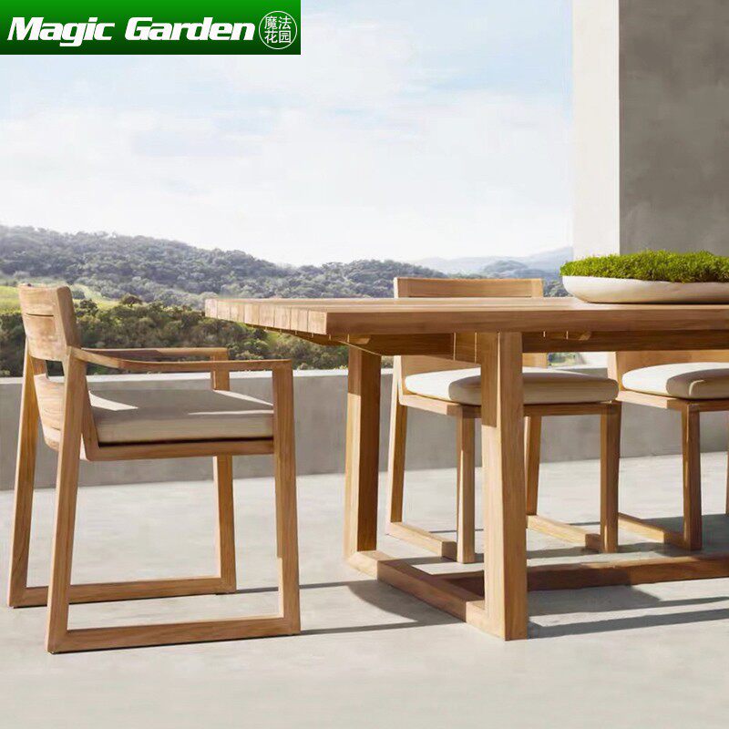 Outdoor villa model room teak dining table and chairs homestay high-end solid wood leisure long table small round table combination furniture