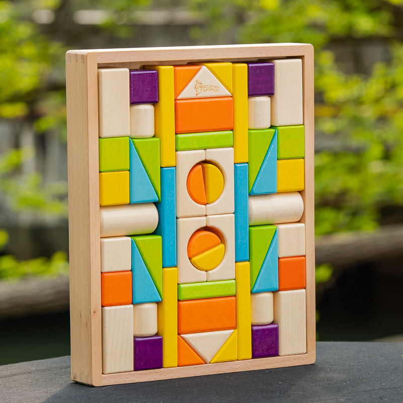 Full beech wood made of 54 Colorful Building Blocks Solid Wood Building Blocks Delivered Gift Canon 3-6-year-old Child Puzzle Early Education Toys