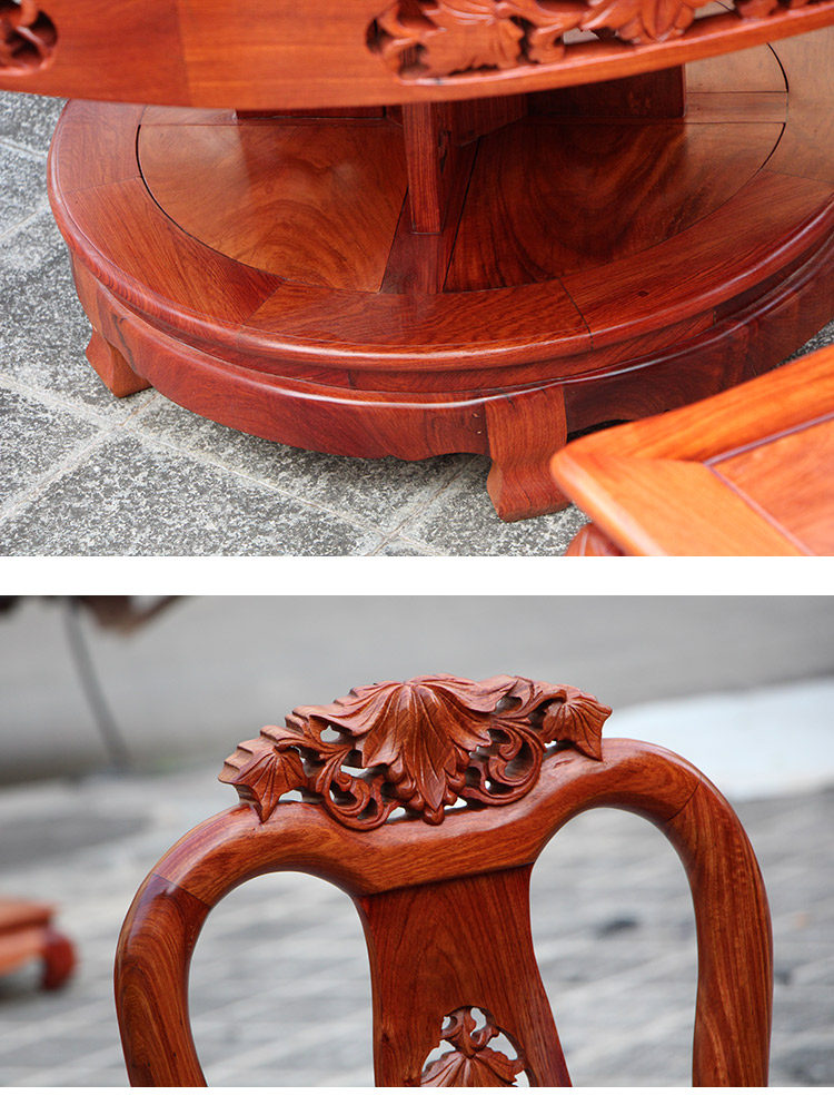 стол со стульями 红木餐桌圆形缅甸花梨木带转盘全实木饭桌椅组合中式客厅餐桌家具