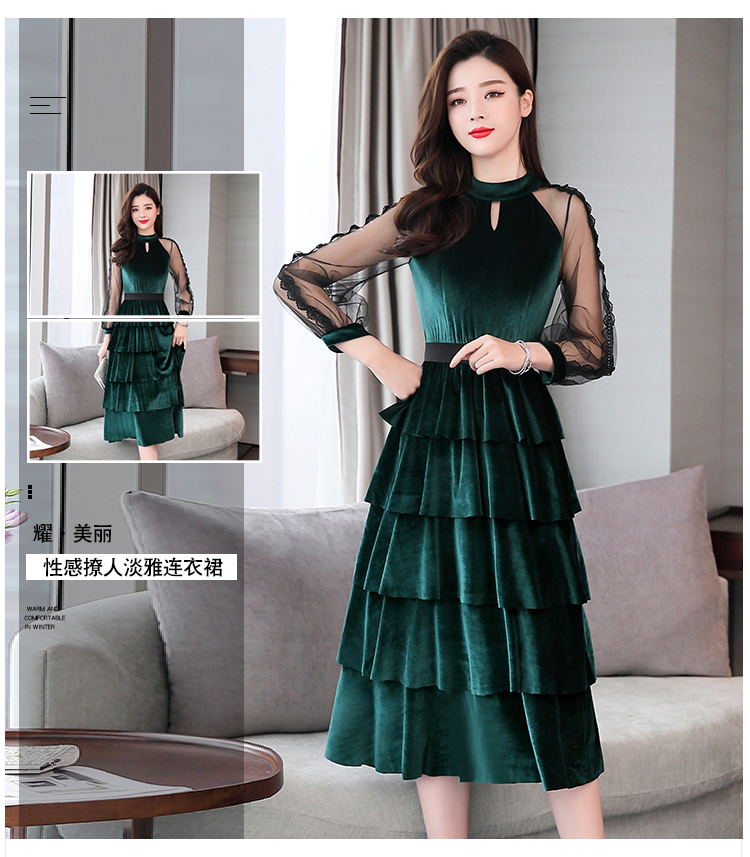 Váy nhung xuân mới 2019 nữ ren gợi cảm khâu dài váy quá gối - Cộng với kích thước quần áo áo kiểu nữ