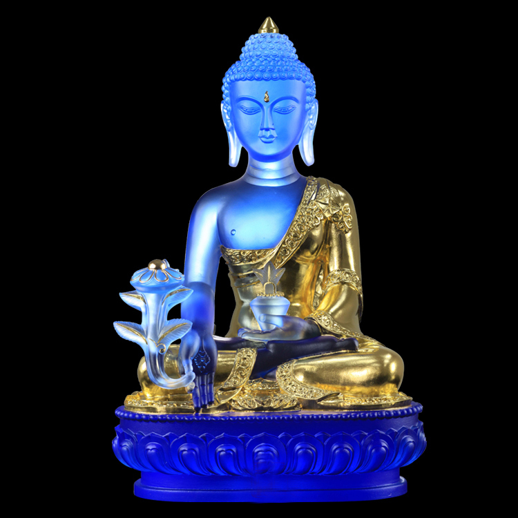 Ancient glass medicine Buddha Buddha statue home enshrines living room ornaments pharmacist glass light Tathagata gilt lotus base