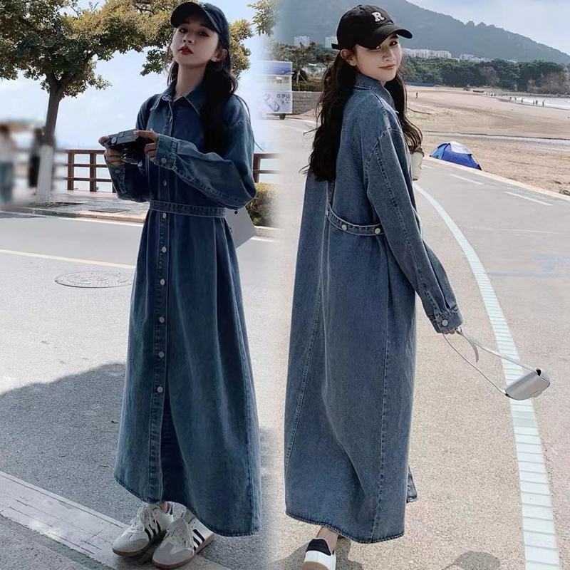 Autumn Hong Kong Style Long-Sleeved Women's Denim Dress, New Loose Long Slimming Shirt Dress for Spring and Autumn, Trendy