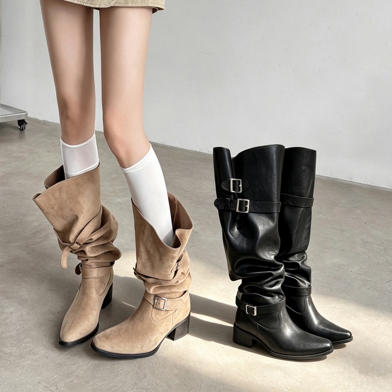 Earl Cat Pointed-Toe Long Boots for Women, Large Calf Circumference, Slimming, Trendy Stacked Boots, Black Trouser-Leg Long Boots, Riding Leather Boots Earl Cat Pointed-Toe Long Boots for Women, Large Calf Circumference, Slimming, Trendy Stacked Boots, Black Trouser-Leg Long Boots, Riding Leather Boots