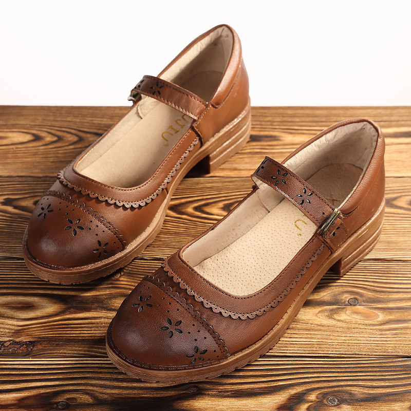 Recalling the old Mary Jane Japanese flat-bottomed women's shoes literary leather bag shoes cotton and linen retro carved leather shallow mouth women's shoes