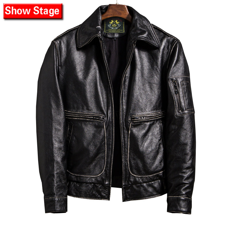 Men's first layer cowhide motorcycle leather jacket trimmed youth trend air force fan handsome men's leather jacket jacket