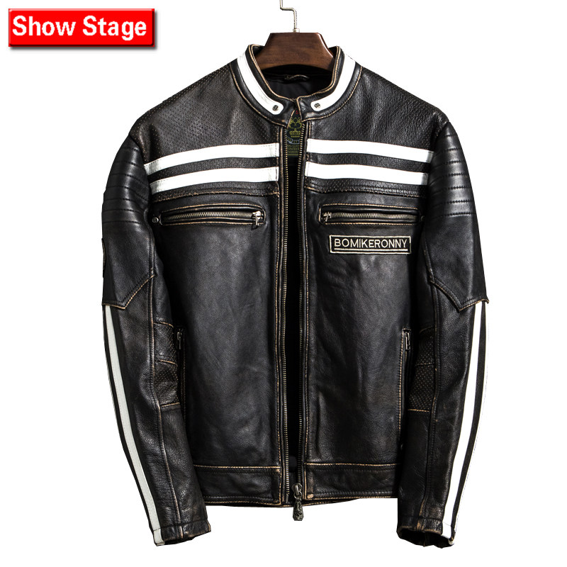 Men's head layer cow leather locomotive leather clothing youth standout Ami click American to make old genuine leather embroidered tide leather jacket