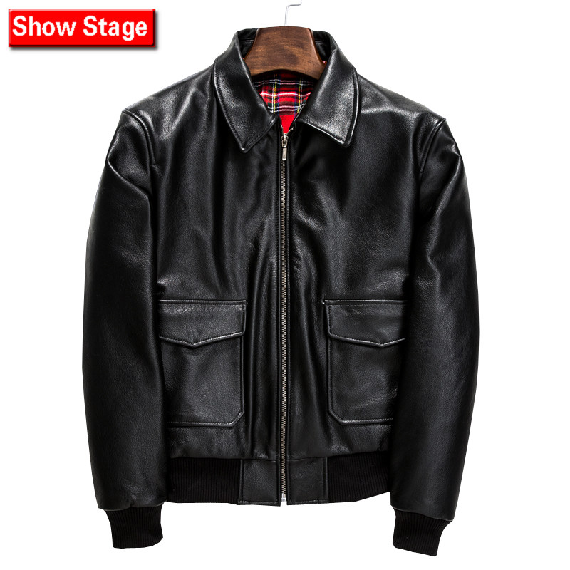 Men's first layer leather leather threaded bottom swing top layer cowhide lapel youth jacket motorcycle clothing classic tide jacket