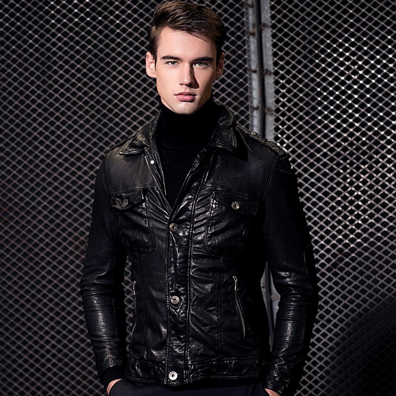 2021 Spring men's Han version Leisure short Turnover Locomotive Henning Genuine Leather Leather Jacket Tide Men's Hunting Jacket