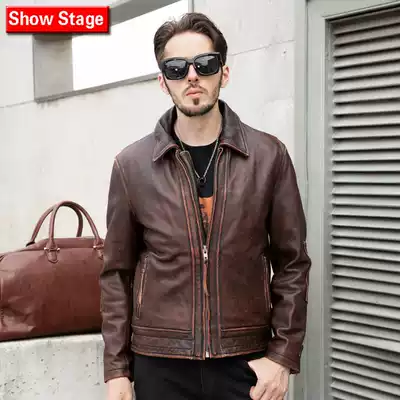 2021 autumn and winter new men's stone mill made old leather leather leather leather simple lapel jacket