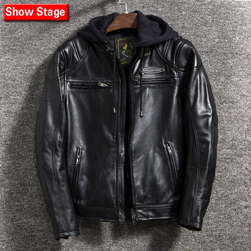 Men's first layer cowhide leather leather clothing Youth detachable hoodie trend motorcycle knight sportsman handsome jacket