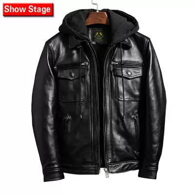 Quality inspection men's first layer cowhide leather leather clothing can be removed hooded trend youth Harley bag jacket jacket
