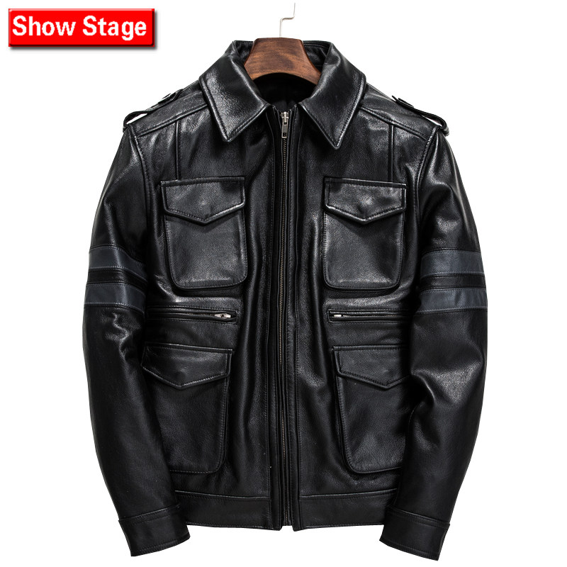 Men's Head Layer Cow Leather Hunting Leather Leather Leather Clothing Solid Patch Bag Youth Locomotive Service Army Brigade Tooling Genuine Leather Tide Jacket