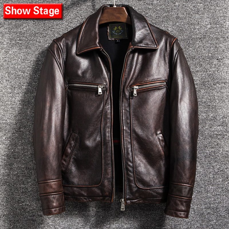 Men's first-layer cowhide brake Chaofan motorcycle leather leather coat stone mill re-wash old fashion youth jacket