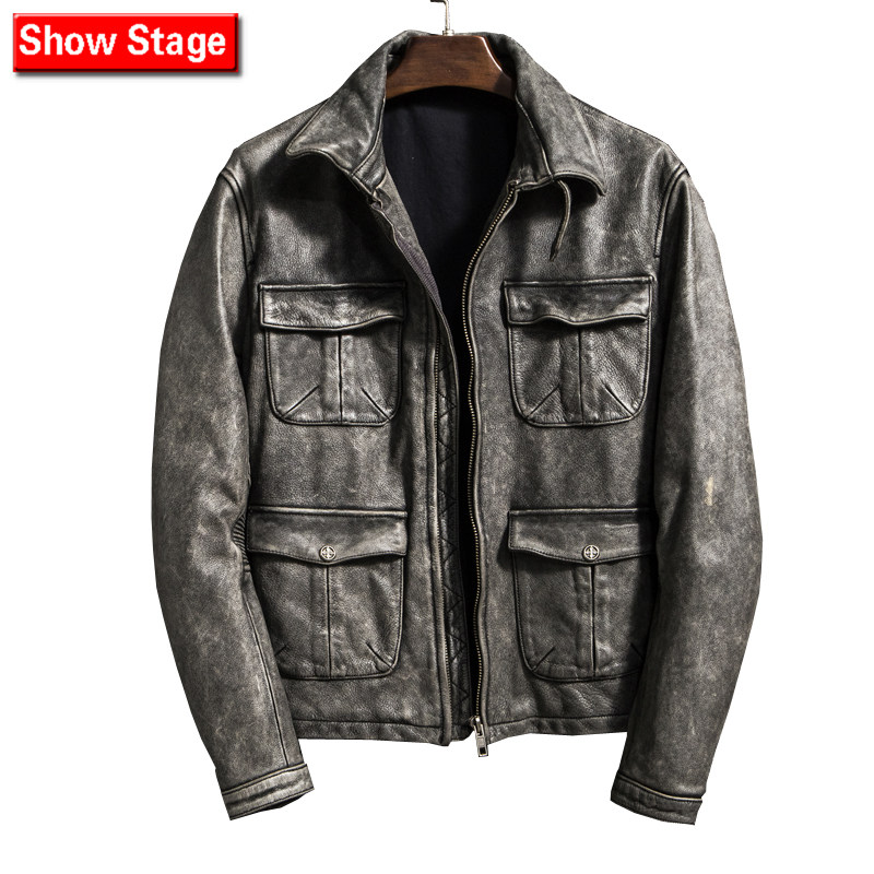 Men frosted head layer of cow leather genuine leather leather clothing jacket tooling thickened locomotive retro to be handsome and trendy jacket