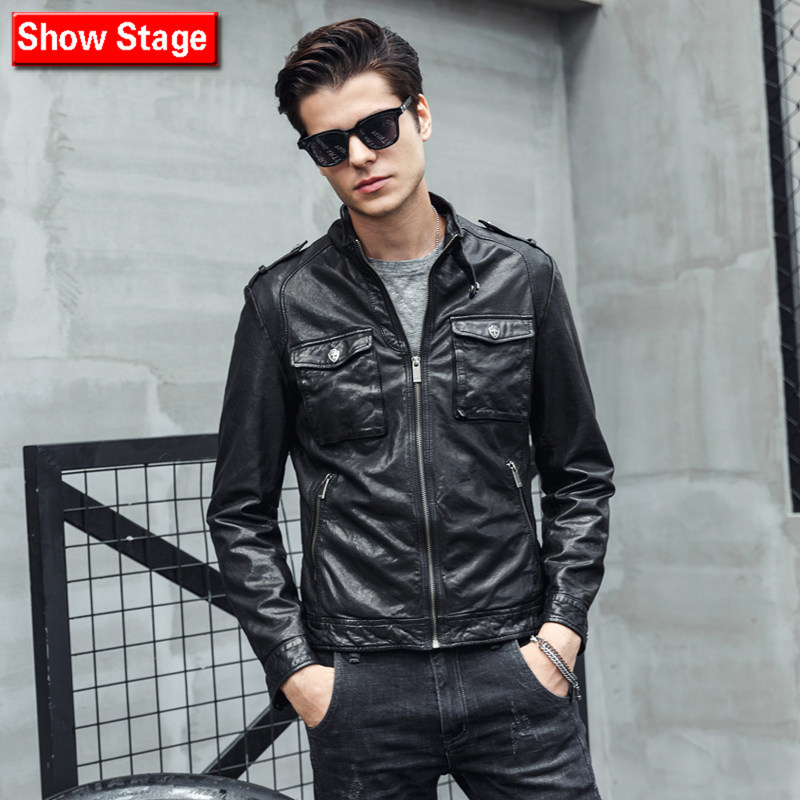 Show Stage Men's motorcycle leather leather three-dimensional bag stand collar Korean version of casual handsome sportsman vegetable tanned jacket