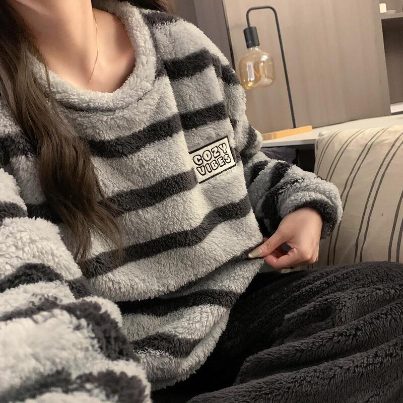 Pajamas for Women, Winter Korean Style Long-Haired Coral Velvet Couple's New Gray Striped Warm Pullover Home Wear Set for Men