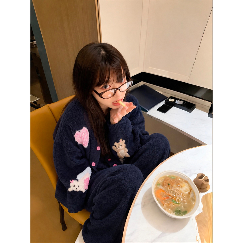 Korean-Style Cartoon Print Half-Velvet Pajama Set for Women, Winter Wearable Outdoor Warm Plush Long-Sleeve Long-Pants Loungewear