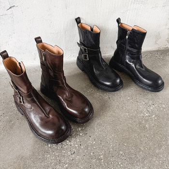 Fashionable round-toe short-barrel belt buckle slip-on fashion boots